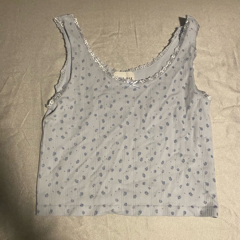 Olive & Oak Pale Blue Floral Lace-Trim Ribbed Tank